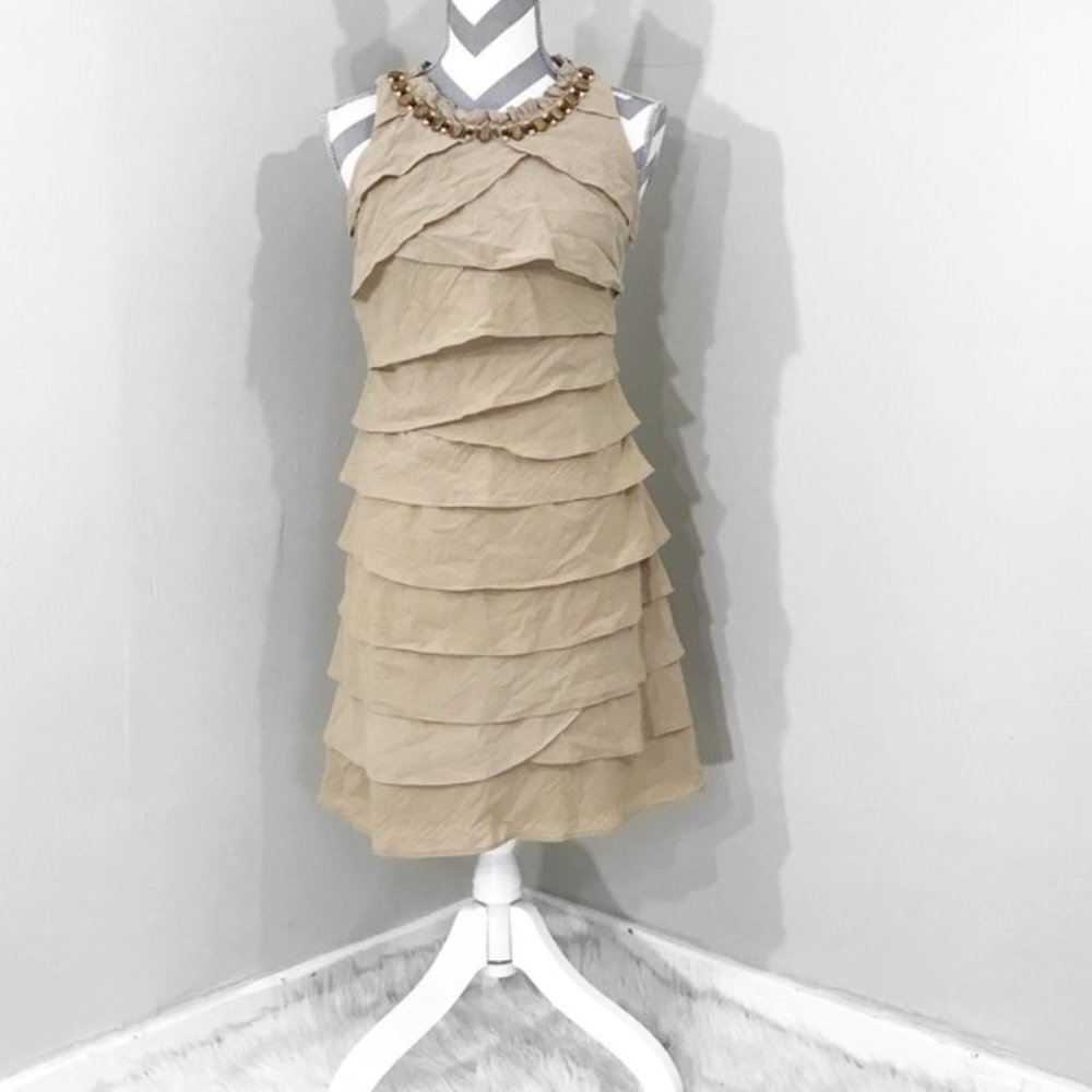 Tiered Sleeveless Mini A Line Tan Boho Chic Casual Dress Bejewelled Rock Detail - Picture 2 of 11